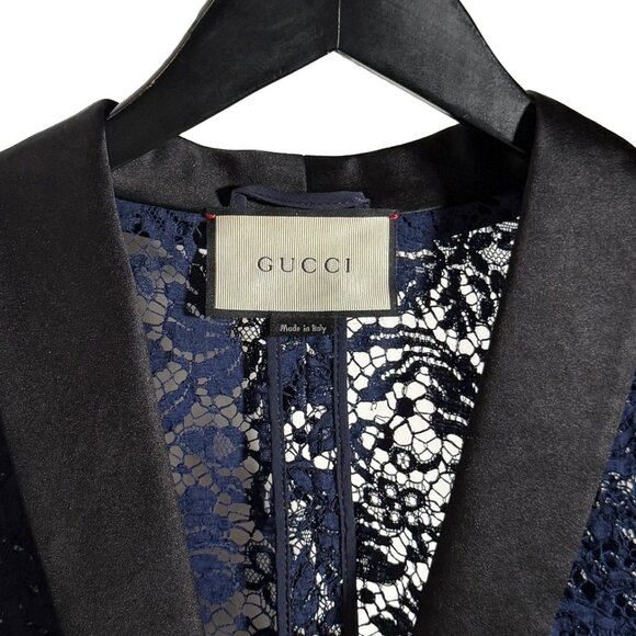 Gucci Navy Blue Lace Satin Tuxedo Lapel Blazer - Picture 5 of 7